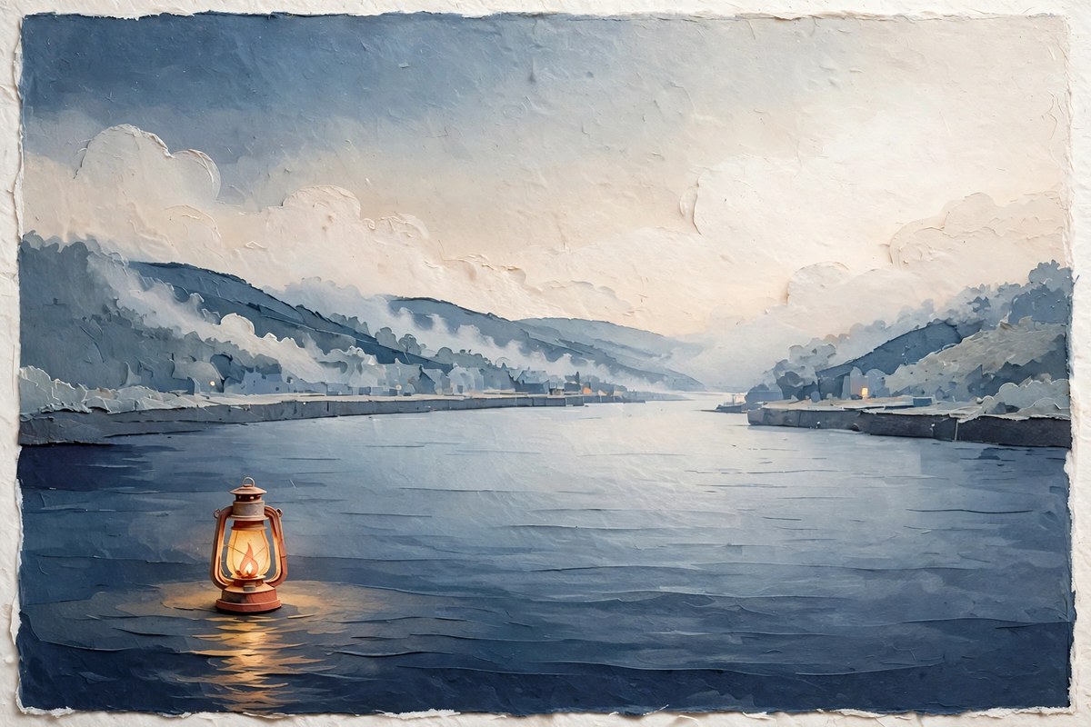 A warm lantern over still harbor water