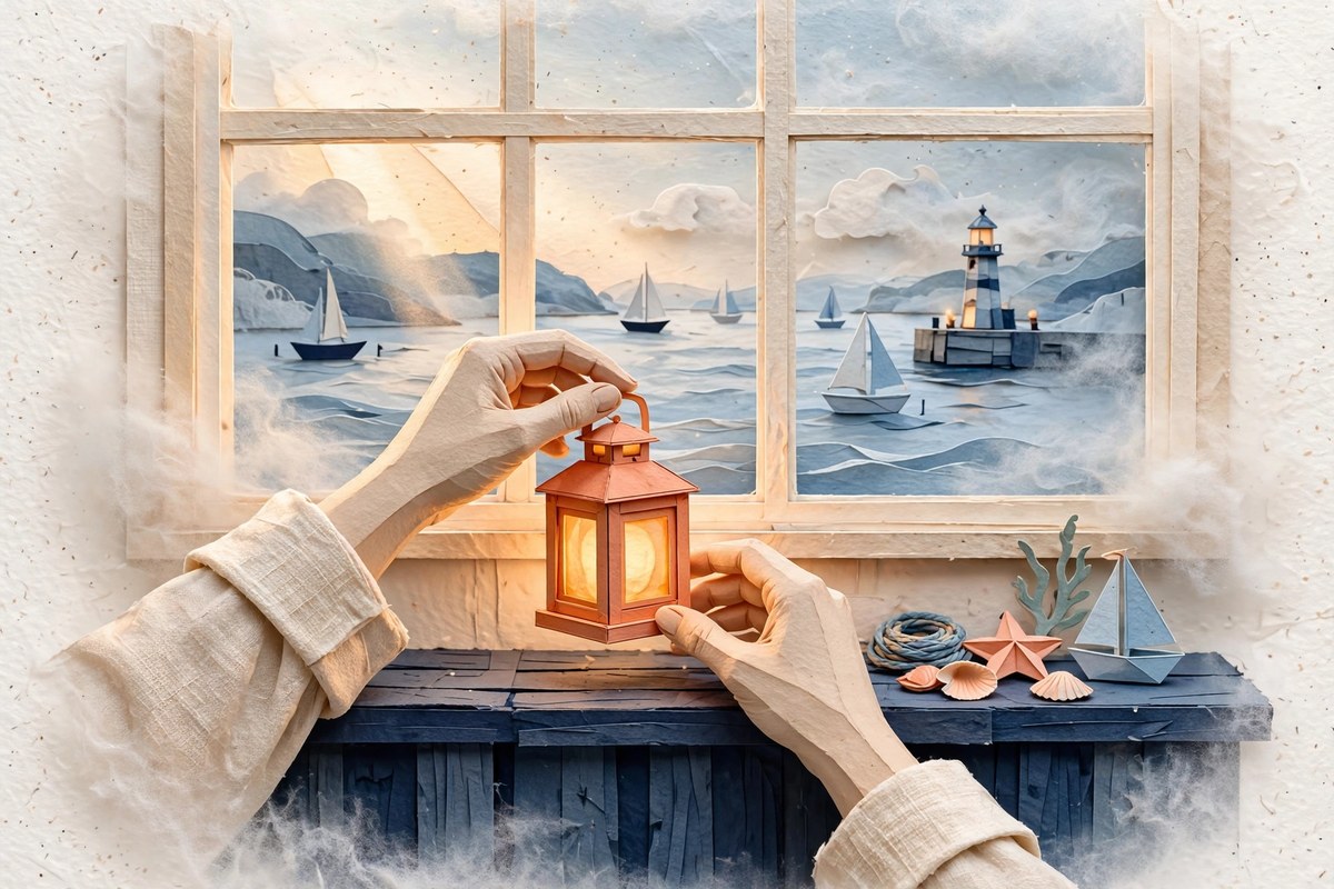 Hands placing a lantern on a harbor shelf