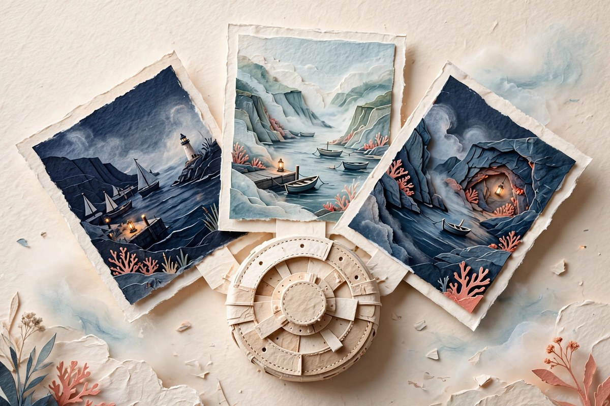 Harbor cover illustrations laid out as paper cards