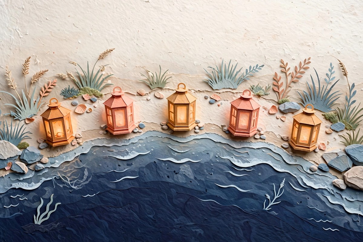 Lanterns arranged along a paper shoreline