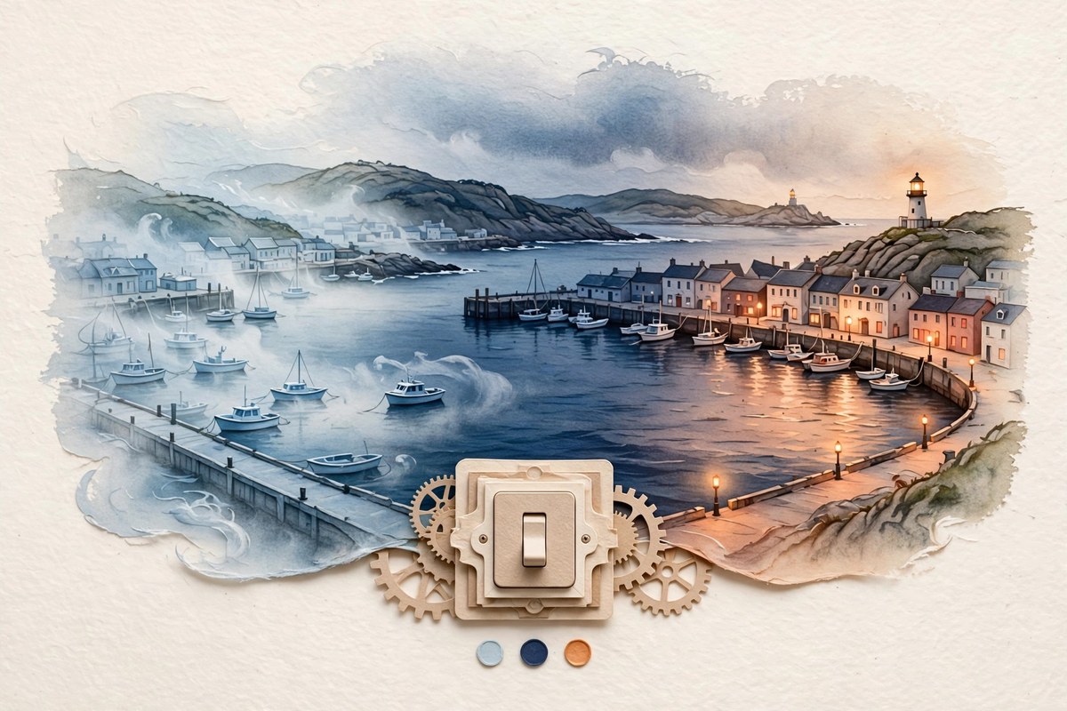 An illustrated harbor moving from soft mist toward warm light