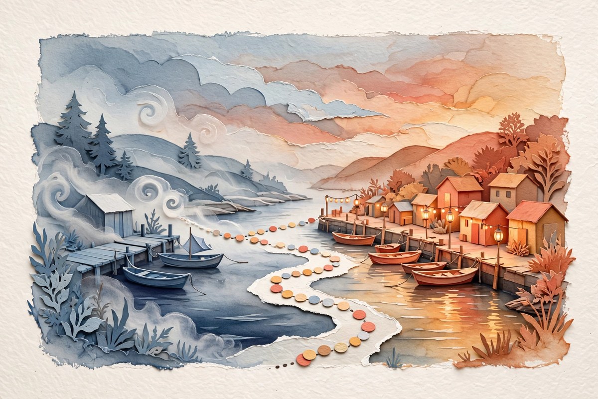 Two harbors linked by a trail of lanterns
