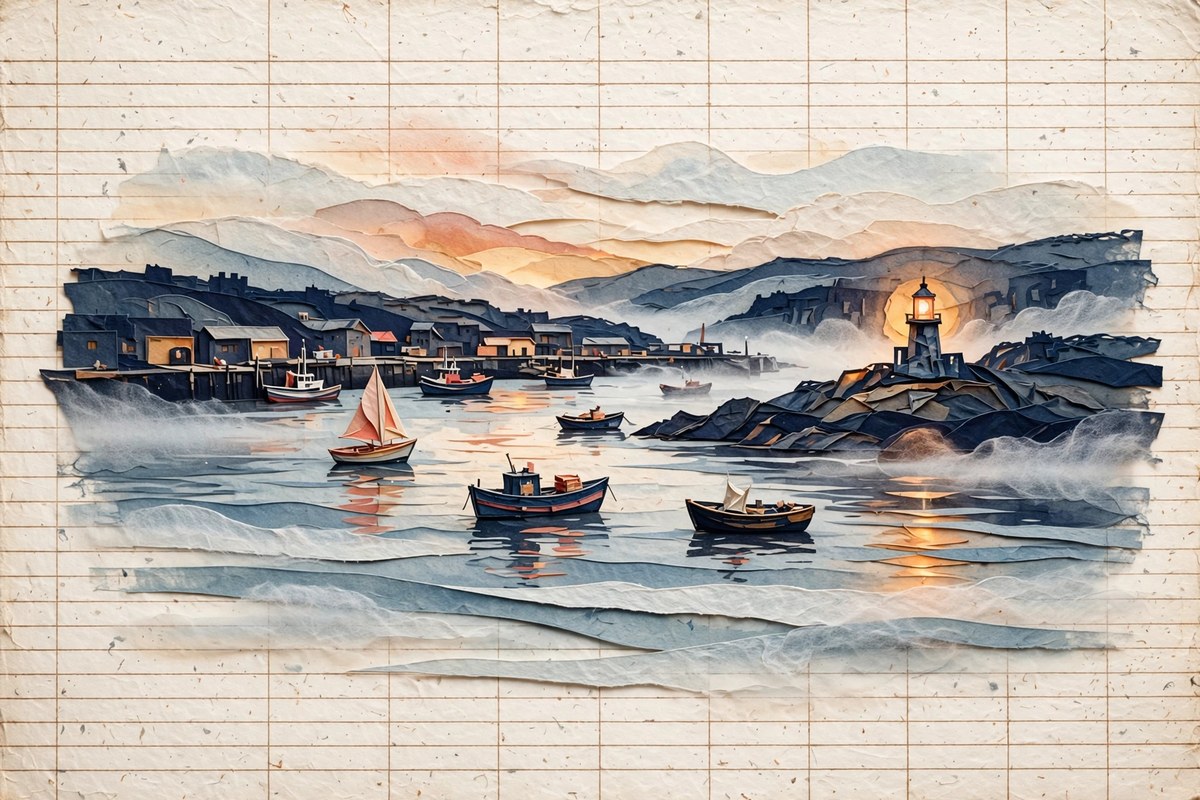 A harbor illustration on a light ledger surface