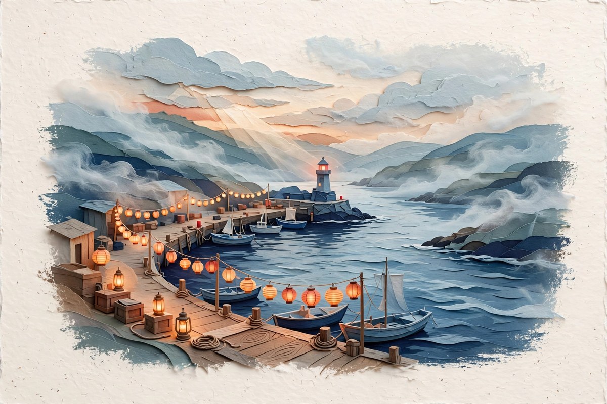 A paper harbor with a trail of lanterns