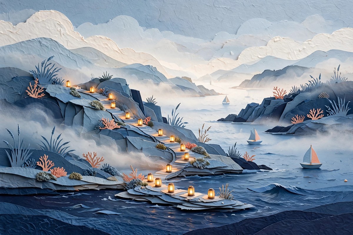 A blue-hour harbor with warm lights