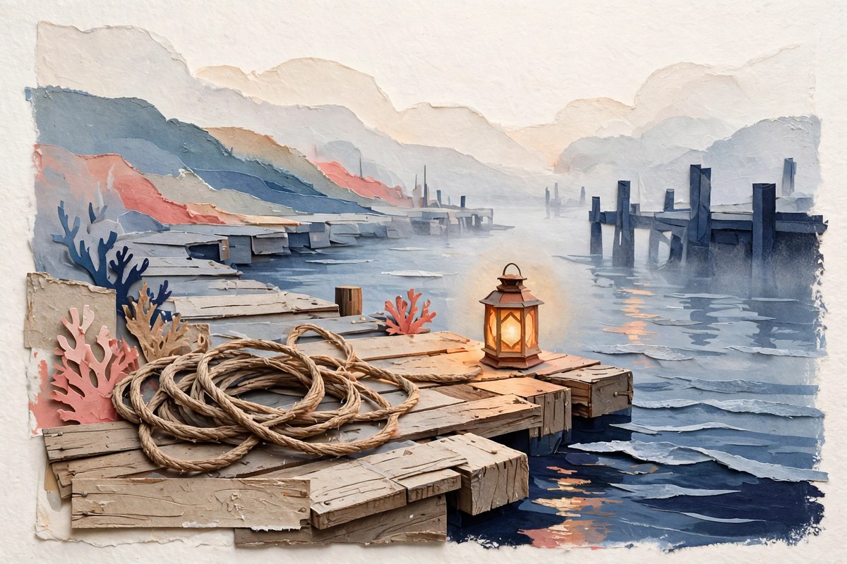 A coiled rope and lantern on a wooden dock