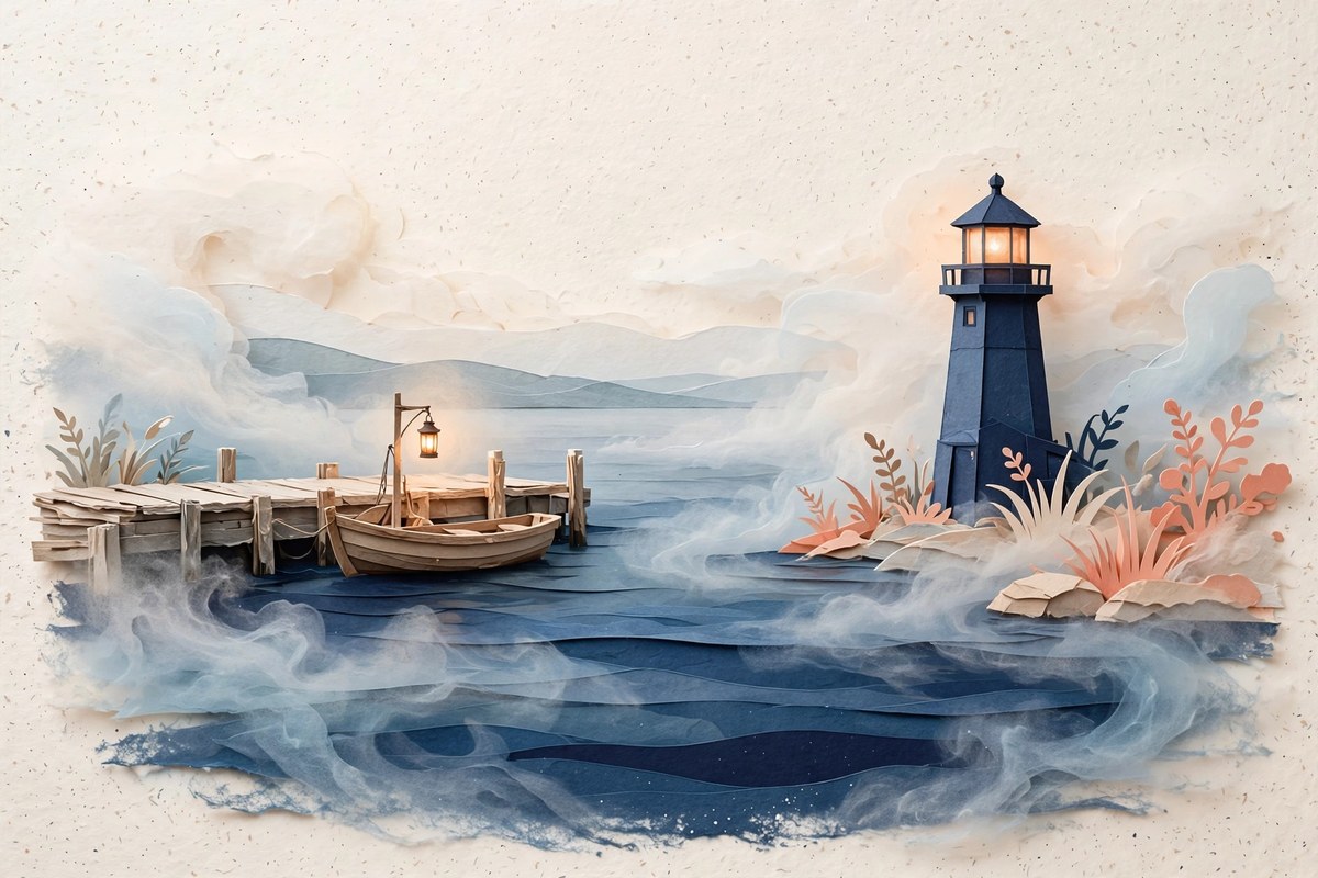 A calm paper harbor with a lighthouse